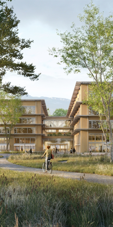 Visualisierung des neuen FHGR-Campus in Chur: moderne Holzgebäude stehen eingebettet in eine naturnahe Parklandschaft mit Wegen und Menschen.