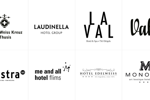 Übersicht der Partnerlogos von Hotel Weiss Kreuz, Laudinella, La Val, Vals, Maistra 160, Me and All Hotel, Hotel Edelweiss und Monopol.