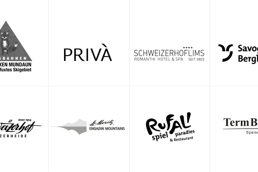 Übersicht der Partnerlogos von Bergbahnen Obersaxen Mundaun, Privà, Schweizerhof Flims, Savognin Bergbahnen, Rufalipark und Term Bel.