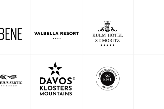 Übersicht der Partnerlogos von Va Bene, Valbella Resort, Kulm Hotel St. Moritz, Walserhuus Sertig, Davos Klosters Mountains und EHL Passugg.
