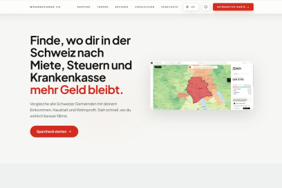 Bildschirmaufnahme von wohnrechner.ch mit einem Sparcheck zum Vergleich von Mieten, Steuern und Krankenkassenkosten in Schweizer Gemeinden.