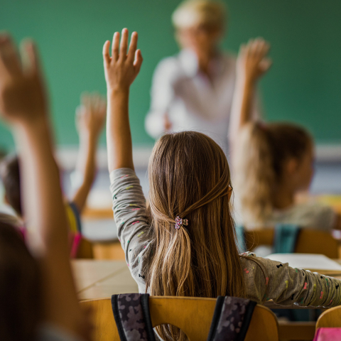 Schulkinder sitzen im Klassenzimmer und melden sich mit erhobenen Händen, während eine Lehrperson den Unterricht vor der Tafel gestaltet.