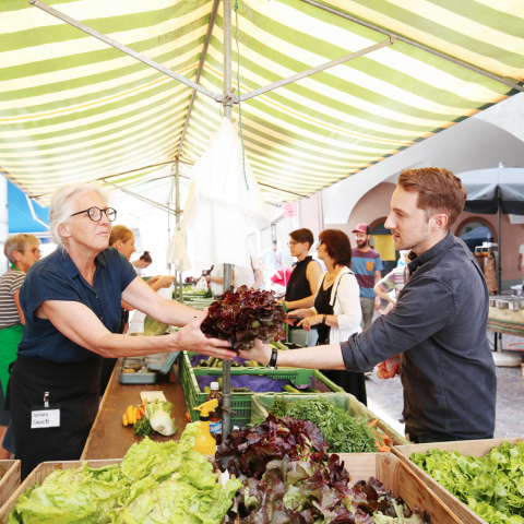 „Eine Markthändlerin übergibt einem Kunden frischen Salat an einem belebten Marktstand mit Gemüse unter einem gestreiften Sonnendach.