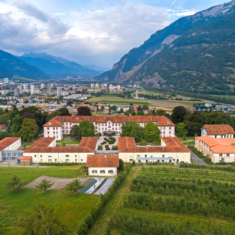 Klinikareal der Psychiatrischen Dienste Graubünden mit mehreren Gebäuden und roten Dächern in grüner Landschaft, Stadt und schneebedeckte Berge im Hintergrund.