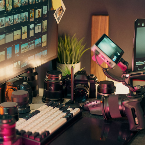 Arbeitsplatz eines Multimedia-Produzenten mit Kameras, Objektiven, Monitoren und Videotechnik für die professionelle Bildproduktion.