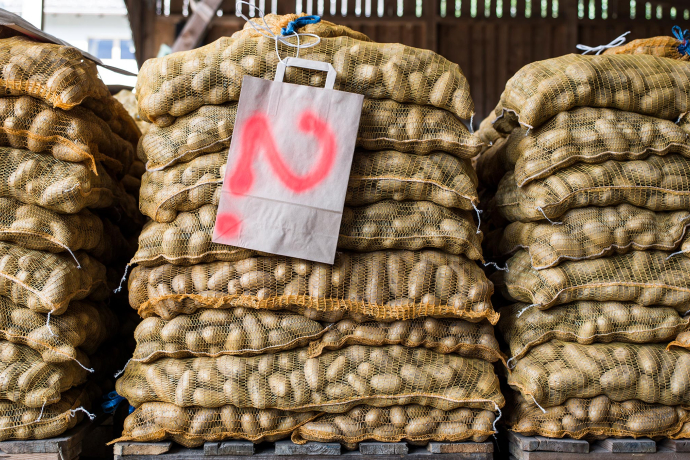 Gestapelte Kartoffelsäcke auf Paletten in einer Lagerhalle, mit einem markierten Sack in der Mitte und Kartoffeln aus regionaler Landwirtschaft.