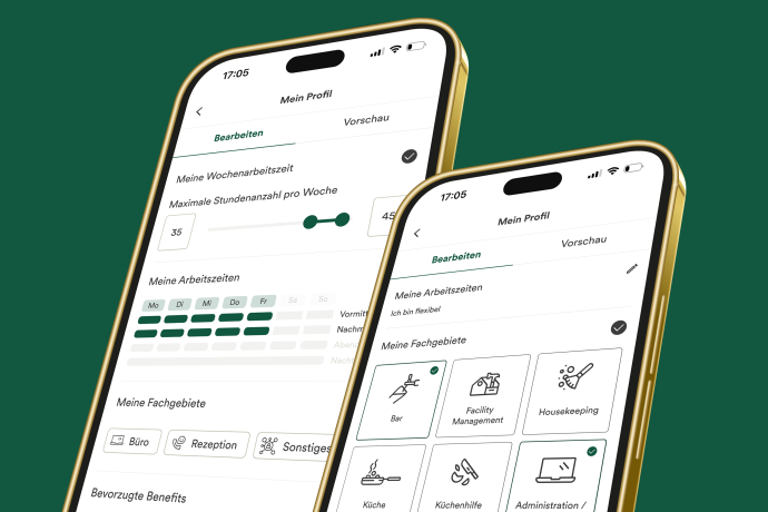 App-Illustration von «graubünden job match» mit zwei Smartphones, auf denen Arbeitszeiten, Fachgebiete, Fähigkeiten und Benefits ausgewählt werden.