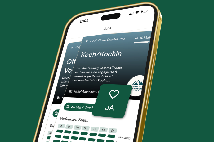 App-Illustration von «graubünden job match» mit einem Stellenangebot für Koch oder Köchin und einer Match-Anfrage auf einem Smartphone.