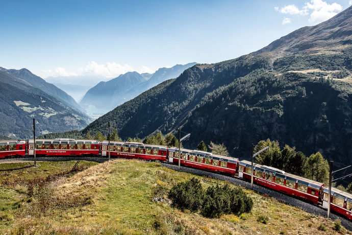 Roter Bernina Express der RhB fährt durch ein spektakuläres Bergpanorama mit dichten Fichtenwäldern, verschneiten Alpengipfeln und grünem Alpental.