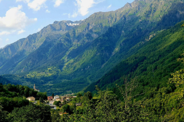 Panorama der Region Moesa mit bewaldeten Berghängen, einem Dorf im Tal und imposanten Gipfeln unter blauem Himmel.