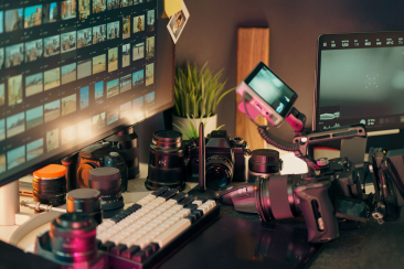 Arbeitsplatz eines Multimedia-Produzenten mit Kameras, Objektiven, Monitoren und Videotechnik für die professionelle Bildproduktion.
